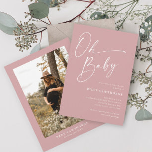 Invitation Script moderne Baby shower photo rose poussiéreux