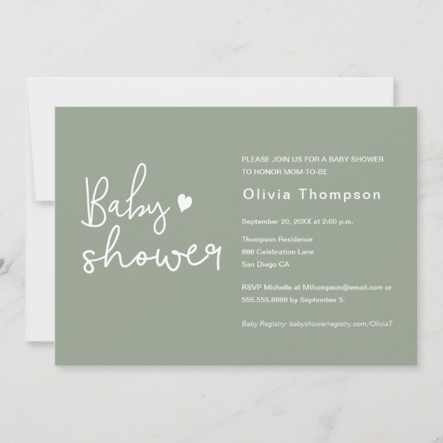 Invitation Script moderne Baby shower vert Sage (Devant)