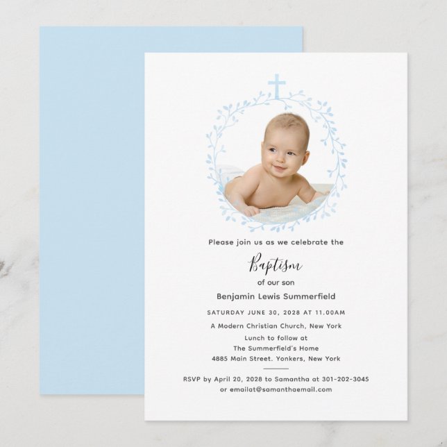 Invitation Script moderne Baptême photo bébé (Devant / Derrière)