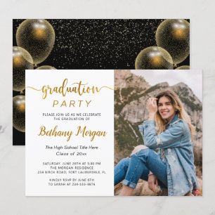 Invitation Script moderne Black Gold Balloon Graduation Photo