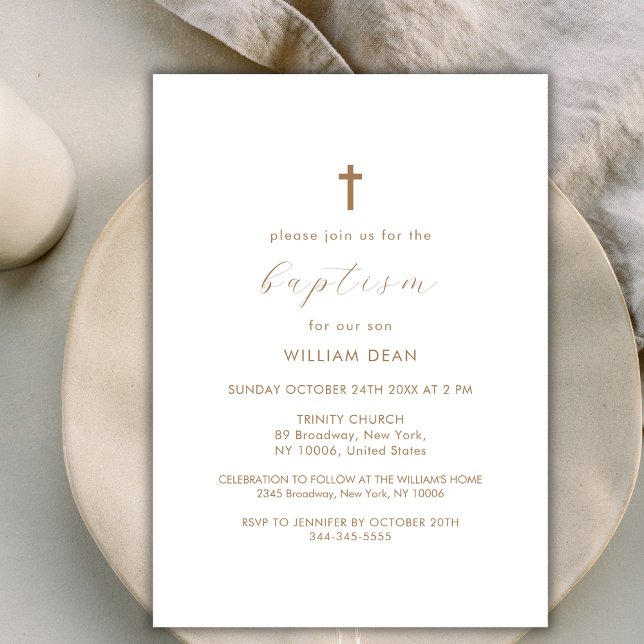 Invitation Script moderne Boho Gold Cross Baptême (Modern Script Boho Gold Cross Baptism Invitation)