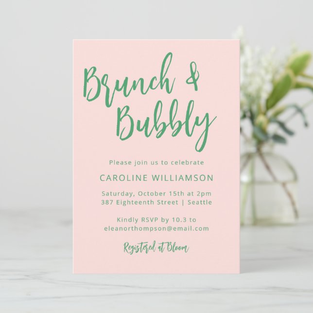Invitation Script moderne Brunch Bubbly Douche rose vert (Debout devant)