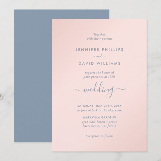 Invitation Script moderne Dusty Blue et Blush Mariage (Devant / Derrière)