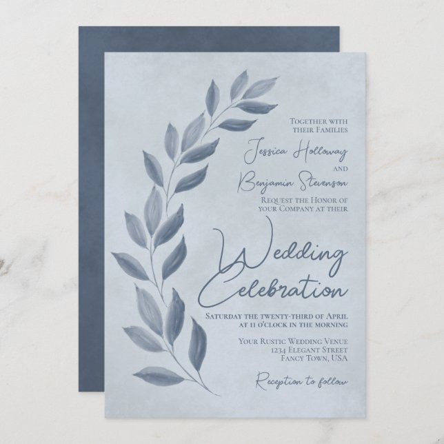 Invitation Script moderne Dusty Blue & Pewer Feuille Mariage (Devant / Derrière)