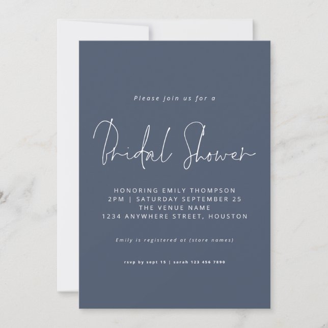 Invitation Script moderne Dusty Fête des mariées bleue marine (Devant)