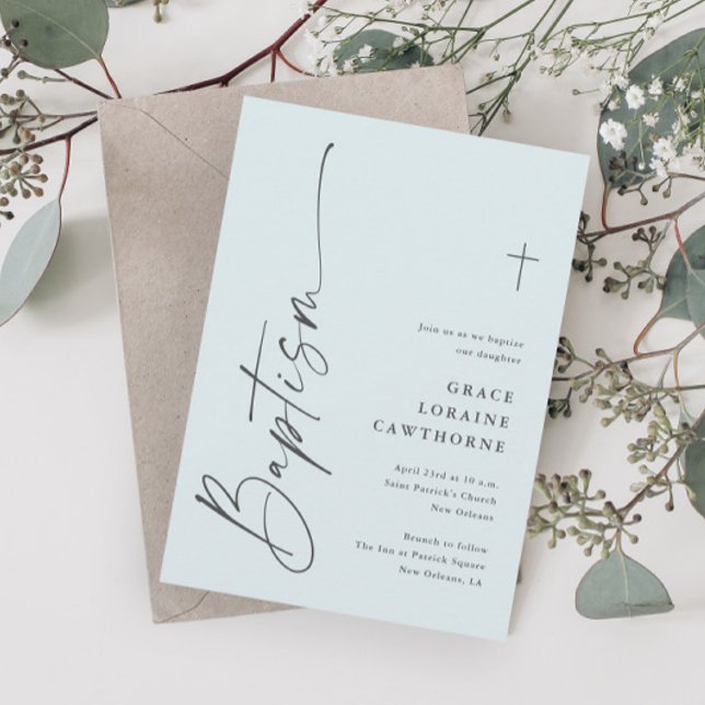 Invitation Script moderne élégant Bleu Garçons Baptême (Modern Elegant Script Light Blue Boys Baptism Invitations.)