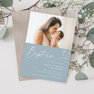 Invitation Script moderne élégant Blue Boys Photo Baptême