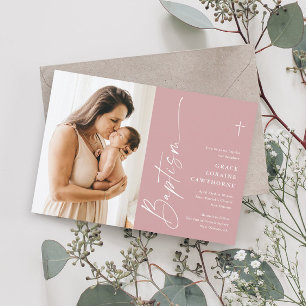 Invitation Script moderne élégant filles Photo Baptême