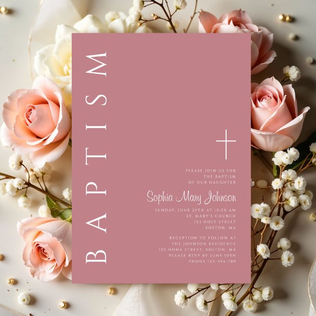 Invitation Script moderne élégant Filles roses Baptême (Modern Elegant Script Pink Girls Baptism Invitation)