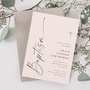 Invitation Script moderne élégant Filles roses Baptême