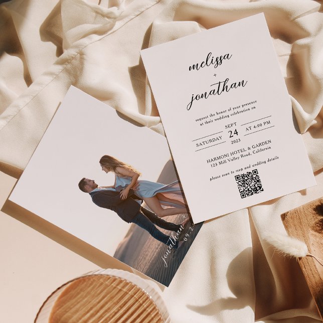 Invitation Script moderne élégant Photo Code QR Rsvp Mariage (Créateur téléchargé)