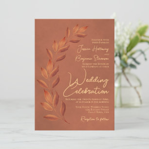 Invitation Script moderne et feuilles d'automne Mariage en te