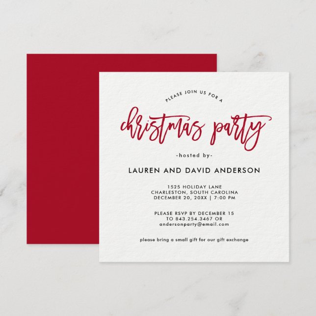 Invitation Script moderne | Fête de Noël rouge et blanc (Devant / Derrière)
