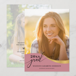 Invitation Script Moderne Forme Rose Photo Graduation Or