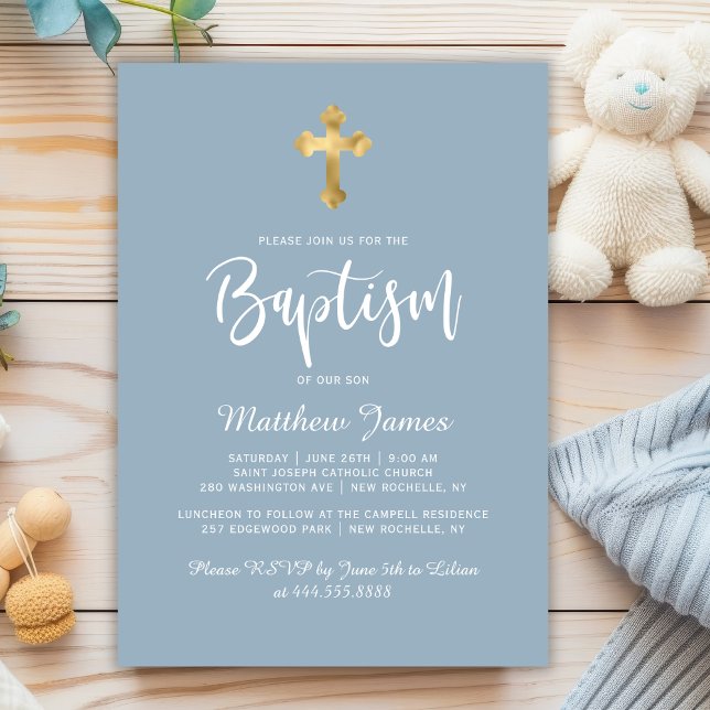 Invitation Script moderne Gold Cross Dusty Blue Boy Baptême (Créateur téléchargé)