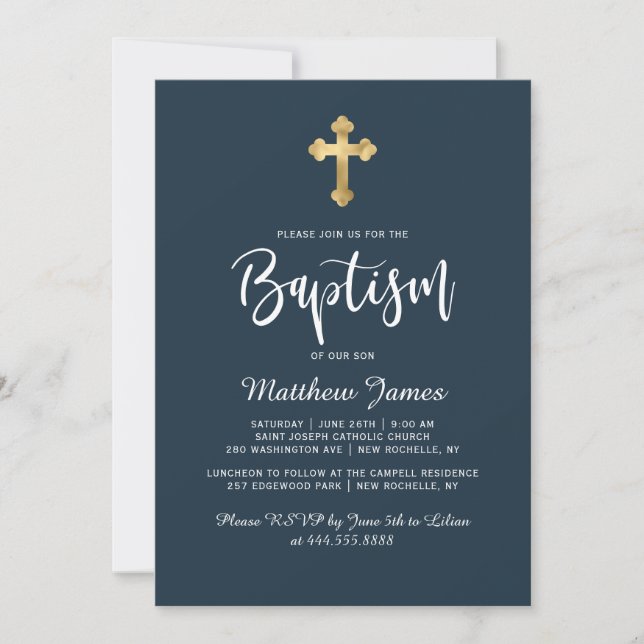 Invitation Script moderne Gold Cross Navy Blue Boy Baptême ga (Devant)