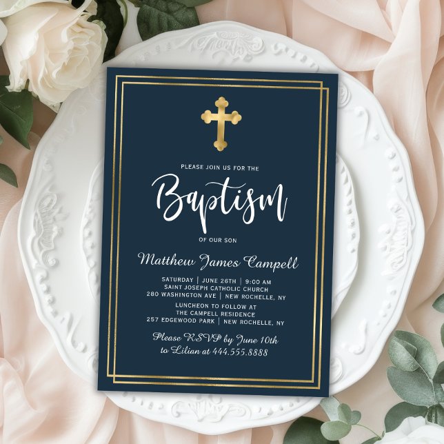 Invitation Script moderne Gold Cross Navy Blue Boy Baptême ga (Créateur téléchargé)