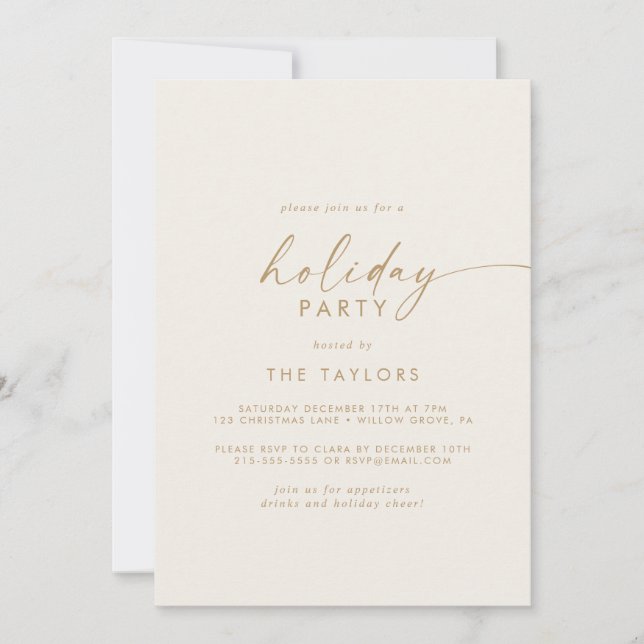 Invitation Script moderne | Gold et Cream Holiday Party (Devant)