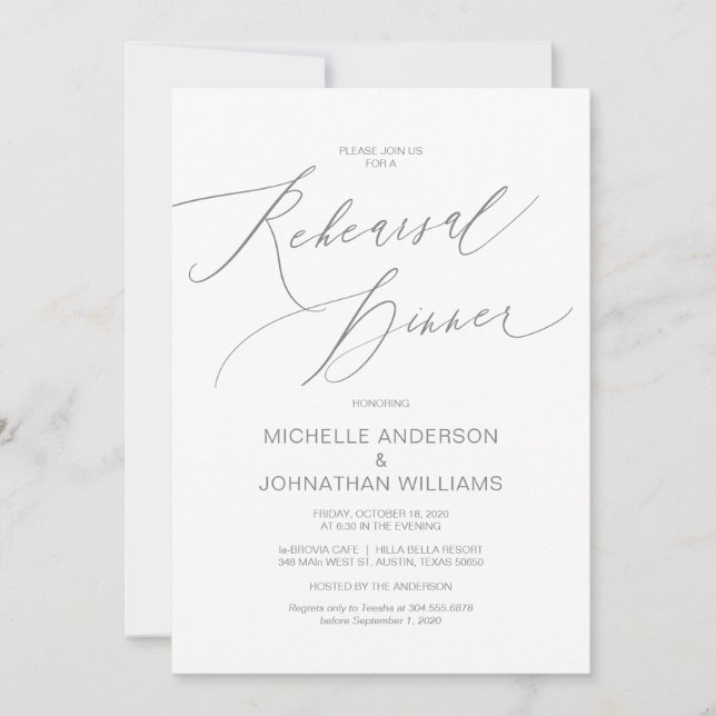 Invitation Script moderne, Gris, Dîner de répétition Mariage (Devant)