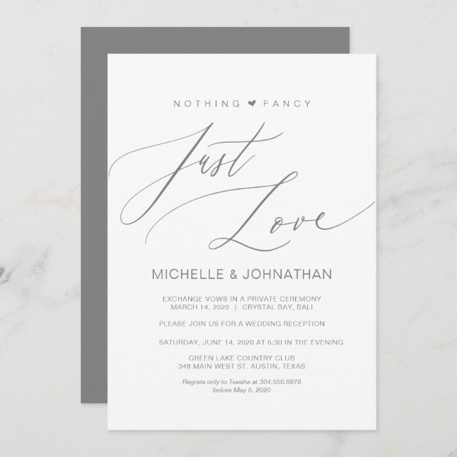 Invitation Script Moderne, Gris, Réception Mariage Elopement (Devant / Derrière)