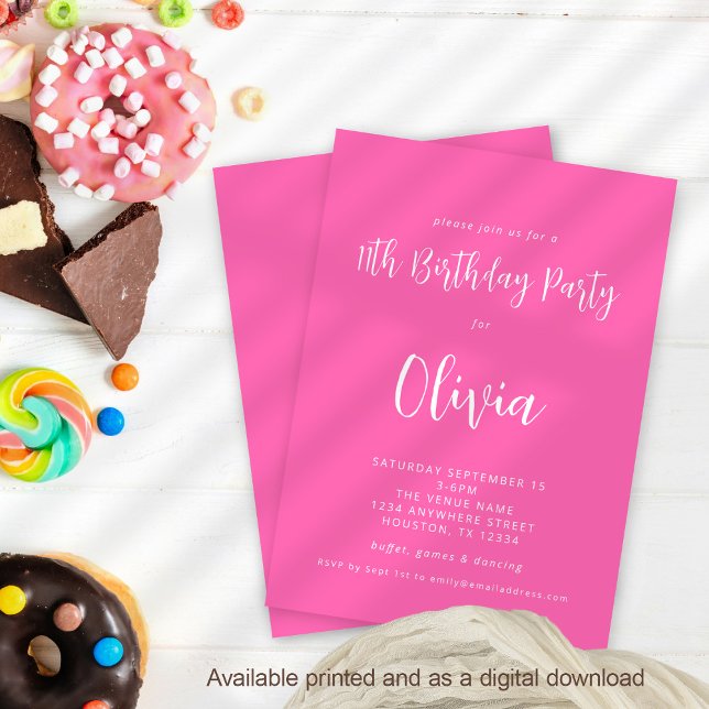 Invitation Script moderne Hot rose 11e fête d'anniversaire (Available digitally and printed)