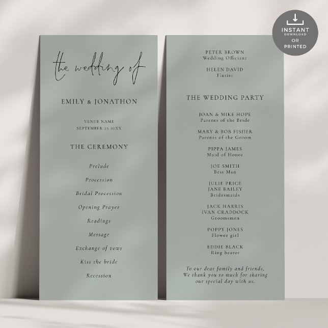 Invitation Script moderne Lumière Sage Green Wedding Programm (Front and back view)