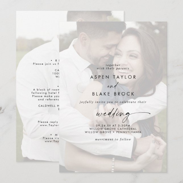 Invitation Script moderne | Mariage avant et arrière photo dé (Devant / Derrière)