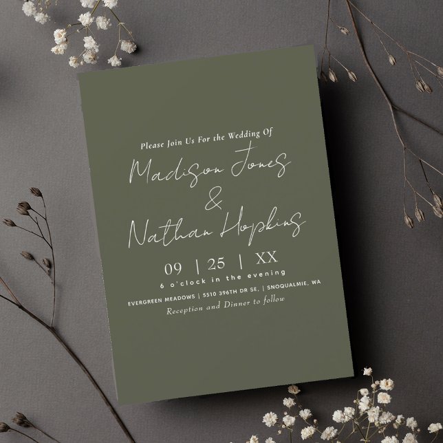 Invitation Script moderne minimaliste Mariage vert olive (Créateur téléchargé)