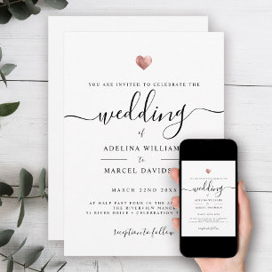 Invitation Script moderne Monogram Rose Gold Heart Mariage