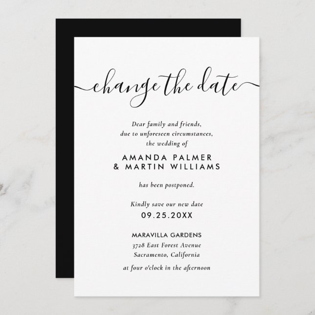 Invitation Script moderne Noir Blanc Changer Le Mariage Date (Devant / Derrière)