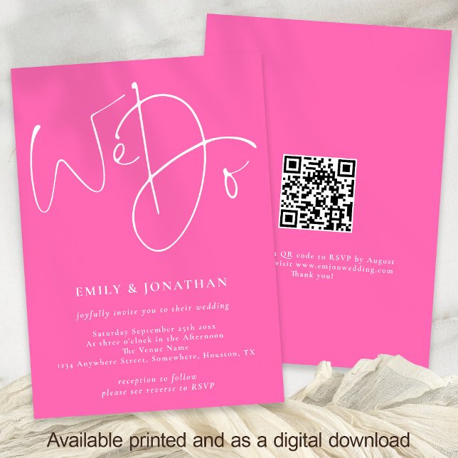 Invitation Script moderne Nous faisons QR Code Mariage rose c (Front and Back View)