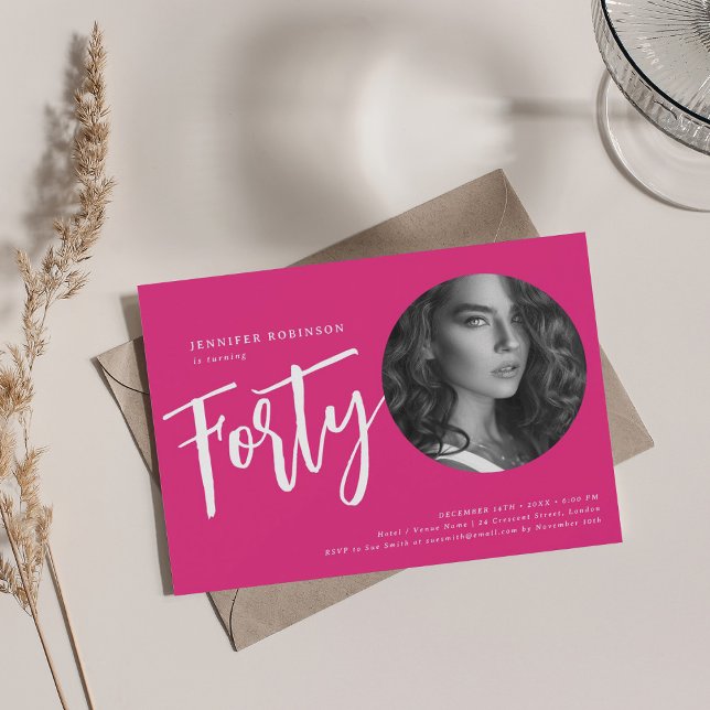 Invitation Script moderne photo 40e anniversaire fête Hot ros (Modern Script Photo 40th Birthday Party Hot Pink Invitation)