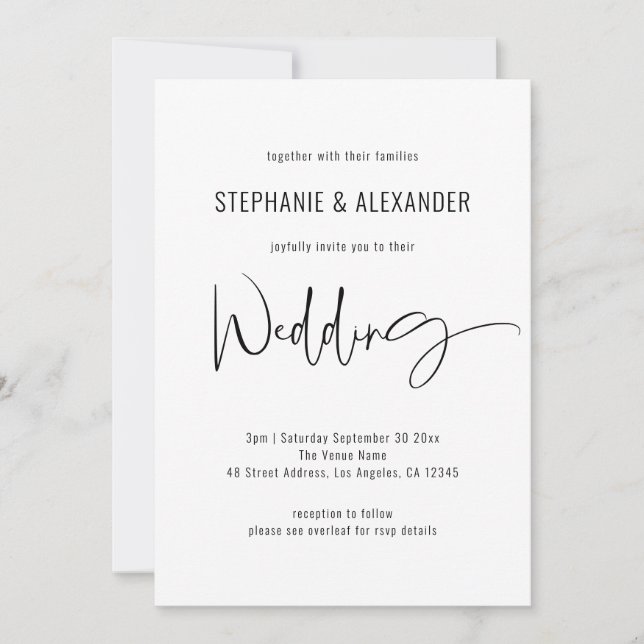 Invitation Script moderne QR Code Mariage noir blanc (Devant)