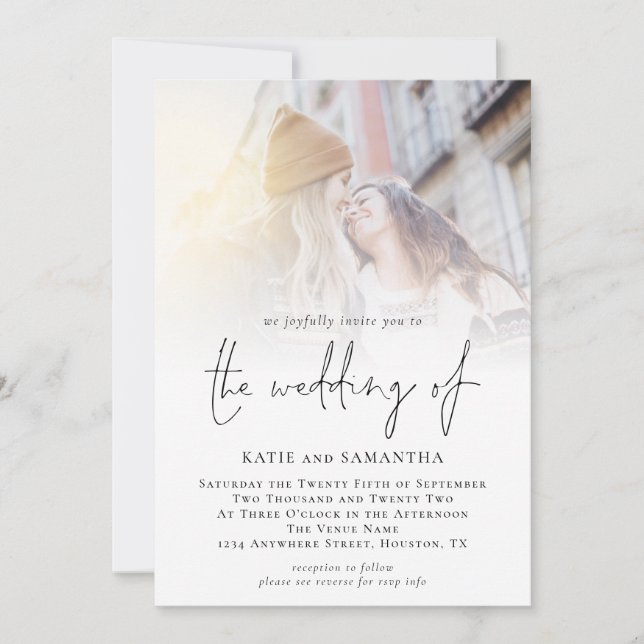 Invitation Script moderne QR Code photo Mariage lesbien (Devant)