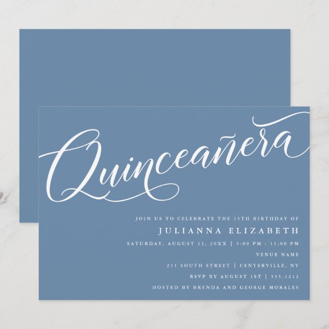 Invitation Script moderne, "Quinceanera", Bleu Dusty (Devant / Derrière)