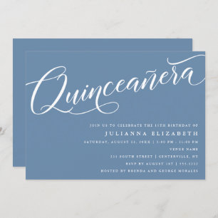 Invitation Script moderne, "Quinceanera", Bleu Dusty