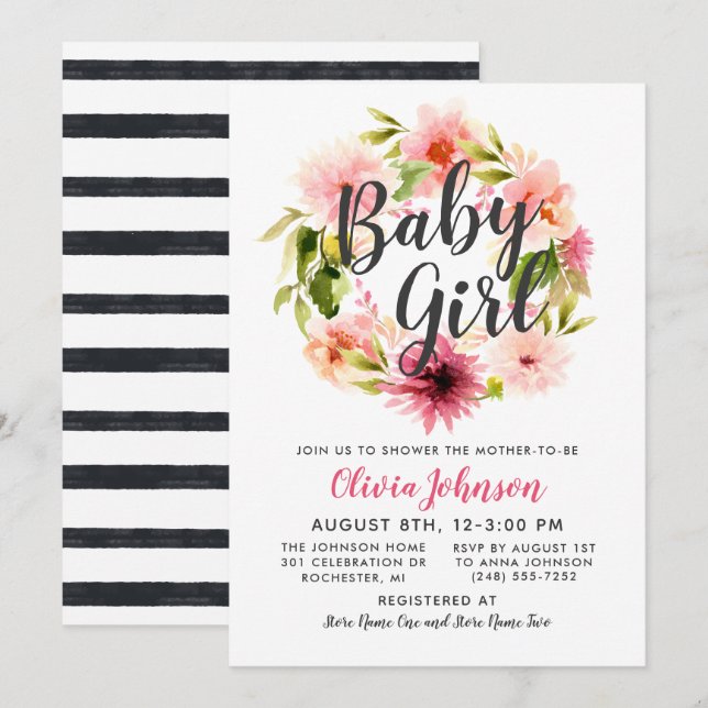 Invitation Script moderne rose Floral Wreath Baby Girl Douche (Devant / Derrière)