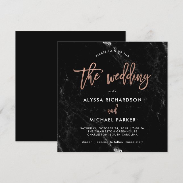 Invitation Script moderne| Rose Gold sur le Mariage en marbre (Devant / Derrière)