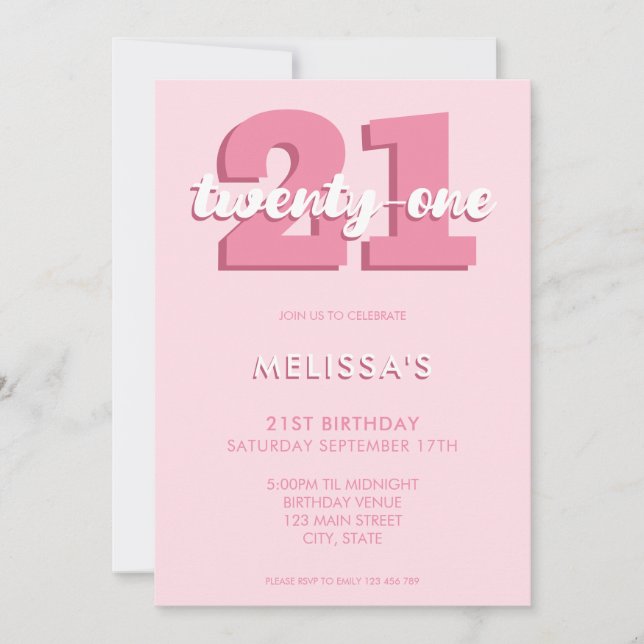 Invitation Script moderne rose tendance 21e anniversaire (Devant)