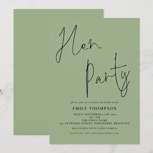 Invitation Script moderne Sage Green Hen Party (Devant / Derrière)