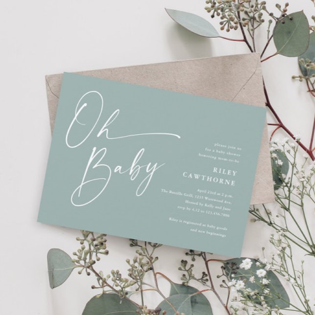 Invitation Script moderne Sage Green Oh Baby shower (Créateur téléchargé)