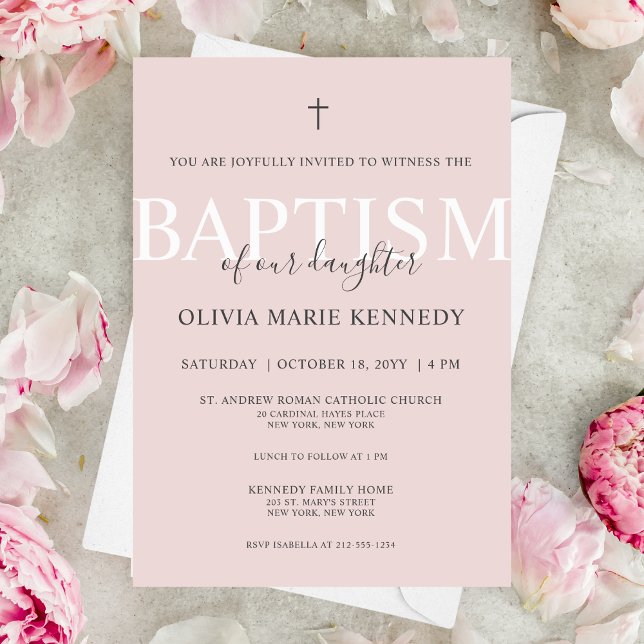 Invitation Script moderne simple Rose Dusty Baptême pour fill (Moder and elegant, dusty rose baptism invitation)