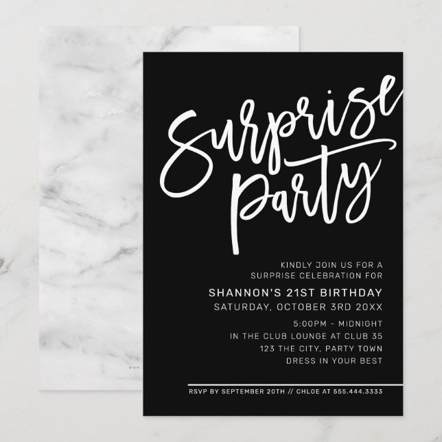 Invitation SCRIPT MODERNE surprise fête d'anniversaire noir b (Devant / Derrière)