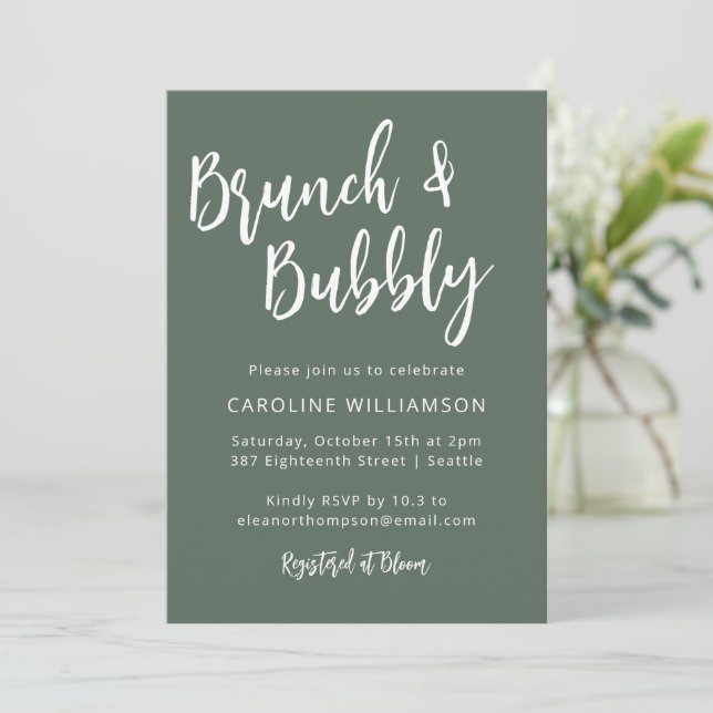 Invitation Script moderne tendance Brunch Bubbly Douche Sage (Debout devant)