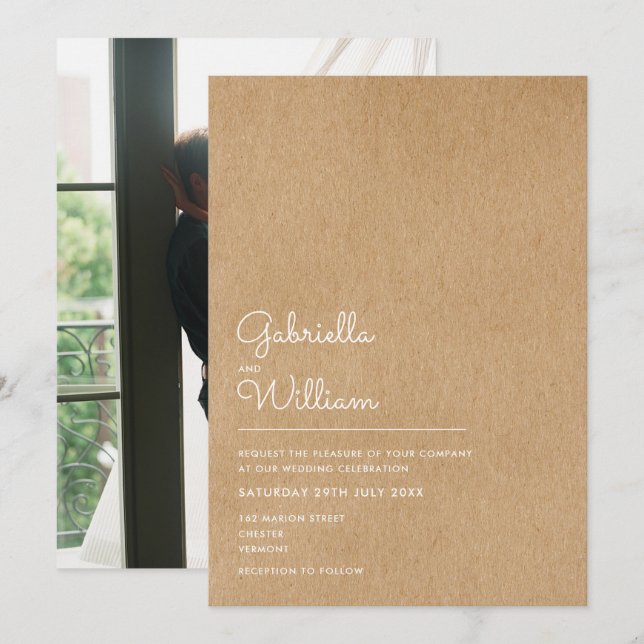 Invitation Script naturel Rustique Mariage photo Kraft (Devant / Derrière)