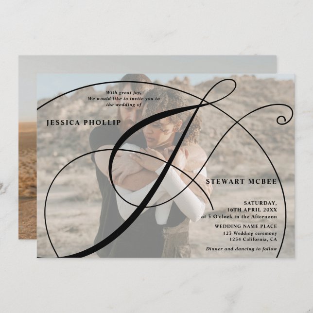 Invitation Script noir blanc 2 photo calligraphie mariage (Devant / Derrière)