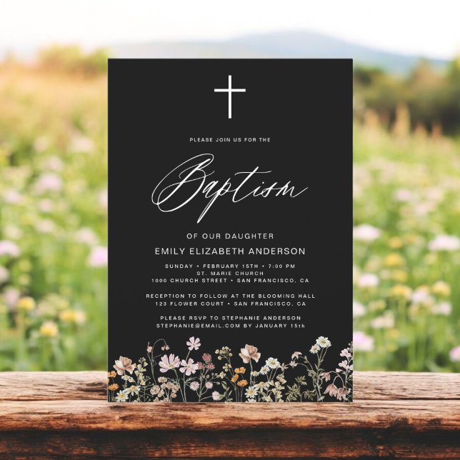 Invitation Script noir Fleur sauvage de baptême (Créateur téléchargé)