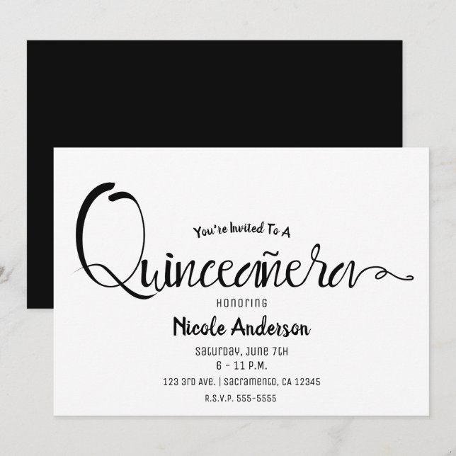Invitation Script noir Moderne Minimal Quinceañera Quince 15 (Devant / Derrière)