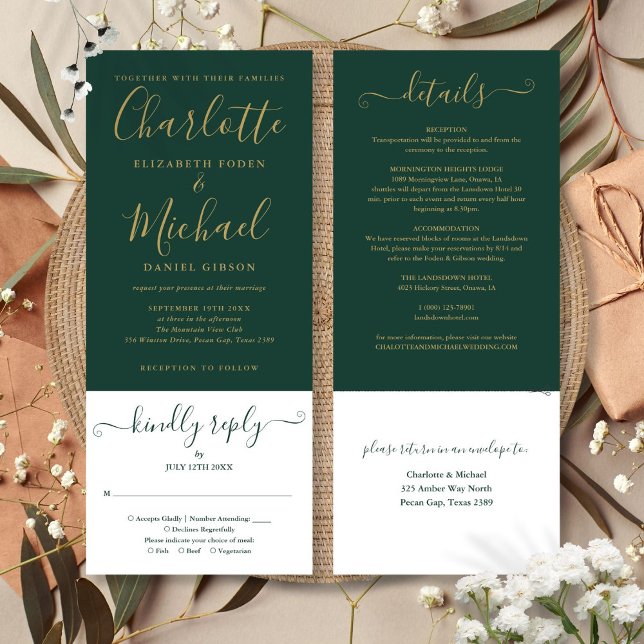Invitation Script or émeraude vert moderne (Modern Emerald Green Elegant Gold Script Invitation)