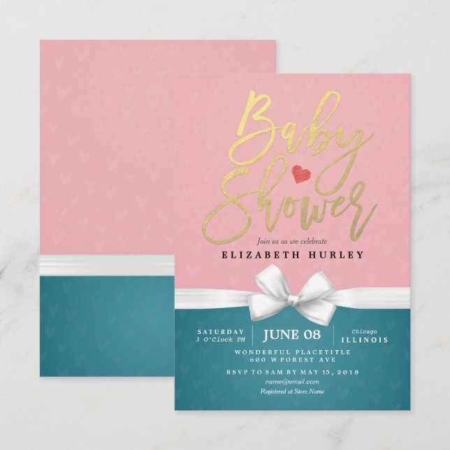 Invitation Script or et ruban blanc Baby shower bleu rose (Devant / Derrière)
